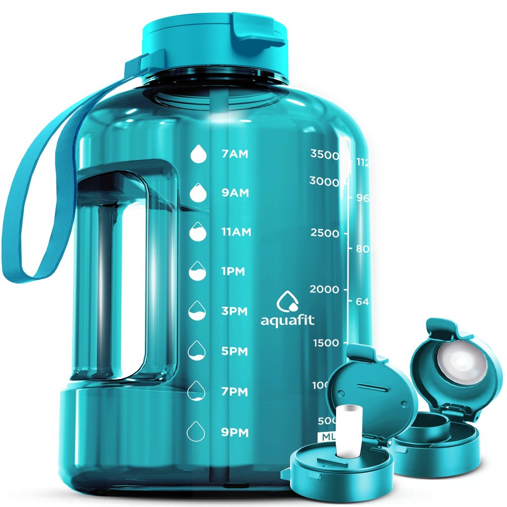AQUAFIT 1 Gallon Water Bottle with Time Marker - Straw & Chug Lid - BPA Free Gym Water Bottle with Straw - Big Gallon Jug (Aqua, 128 oz - 2 Lids)