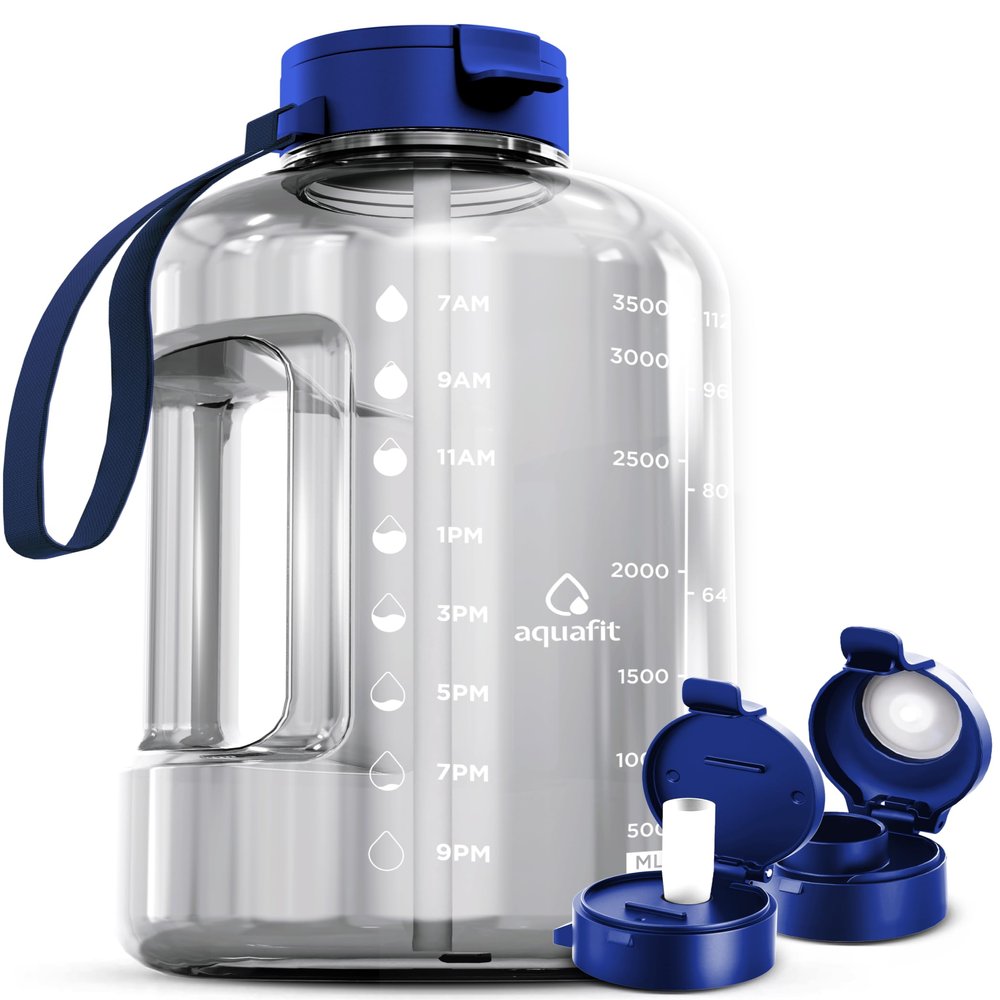AQUAFIT 1 Gallon Water Bottle with Time Marker - Straw & Chug Lid - BPA Free Gym Water Bottle with Straw - Big Gallon Jug (Clarity, 128 oz - 2 Lids)