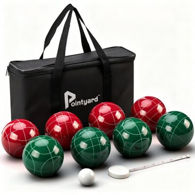 Pointyard Bocce Ball Set 90mm Regulation Size - 8 Premium Resin Balls with Pallino, Carrying Bag, Measuring Tape - Outdoor Lawn Game for Adults, Seniors, Family - Backyard Beach Park Yard Game