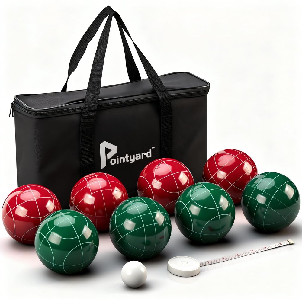 Pointyard Bocce Ball Set 90mm Regulation Size - 8 Premium Resin Balls with Pallino, Carrying Bag, Measuring Tape - Outdoor Lawn Game for Adults, Seniors, Family - Backyard Beach Park Yard Game