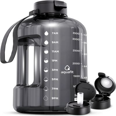 AQUAFIT 1 Gallon Water Bottle with Time Marker - Straw & Chug Lid - BPA Free Gym Water Bottle with Straw - Big Gallon Jug (Gray, 128 oz - 2 Lids)