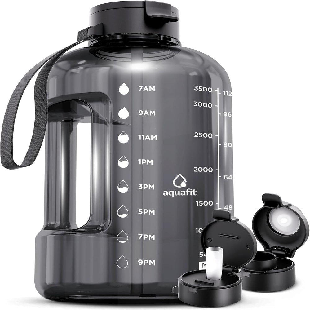 AQUAFIT 1 Gallon Water Bottle with Time Marker - Straw & Chug Lid - BPA Free Gym Water Bottle with Straw - Big Gallon Jug (Gray, 128 oz - 2 Lids)