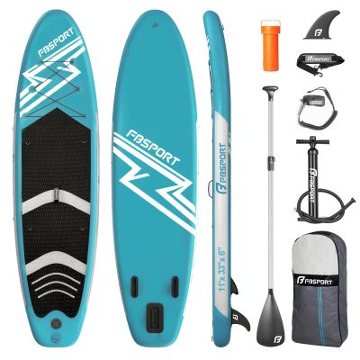 FBSPORT 11' Premium Stand Up Paddle Board, Yoga Board with SUP Accessories & Carry Bag | Wide Stance, Surf Control, Non-Slip Deck, Leash, Paddle and Pump for Youth & Adult (Lake Blue)