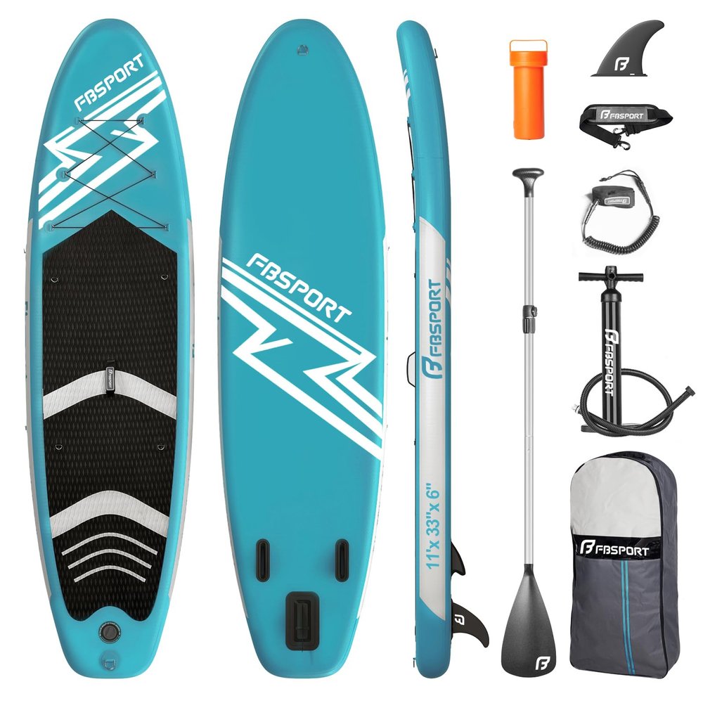 FBSPORT 11' Premium Stand Up Paddle Board, Yoga Board with SUP Accessories & Carry Bag | Wide Stance, Surf Control, Non-Slip Deck, Leash, Paddle and Pump for Youth & Adult (Lake Blue)