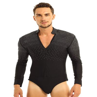 LiiYii Men's Ballroom Dance Leotard Long Sleeve Rhinestones Shirts Tops Latin Tango Rumba Jumpsuit Black XX-Large