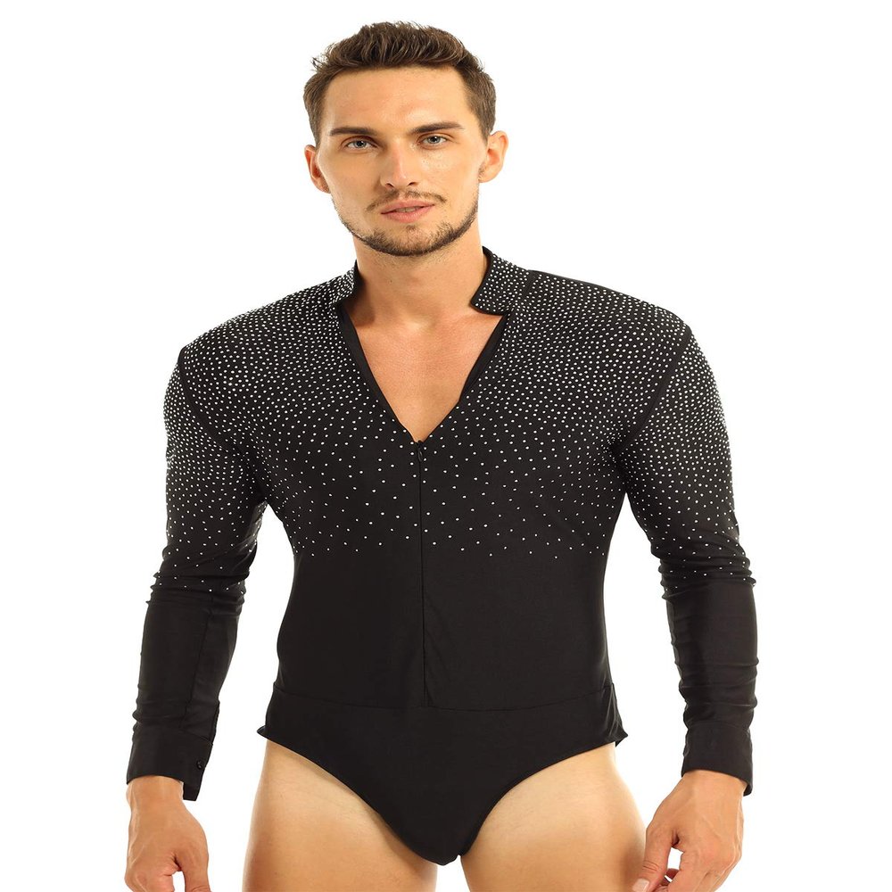 LiiYii Men's Ballroom Dance Leotard Long Sleeve Rhinestones Shirts Tops Latin Tango Rumba Jumpsuit Black XX-Large