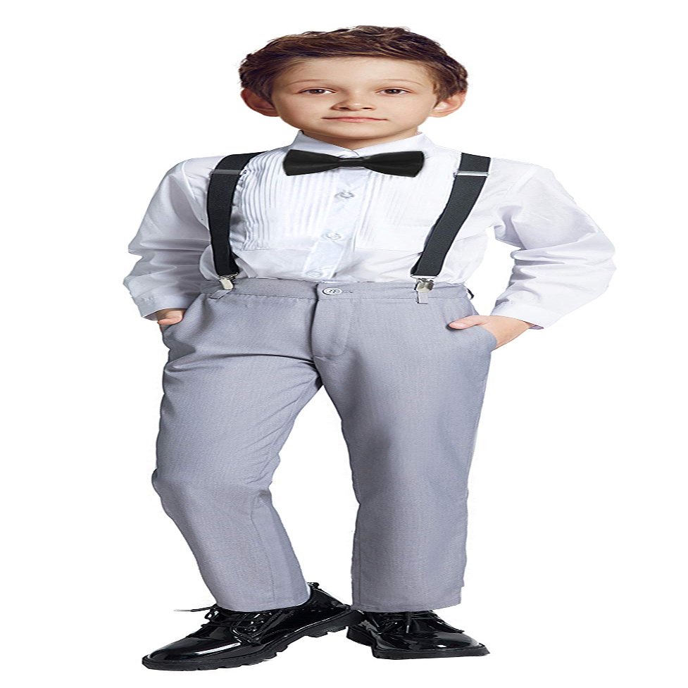 SaiLiiny Kids Formal Tuxedo Suits for Boys 4 Pieces Wedding Outfit with Suspender for Boy Light Gray Dress Pants Set Size 7