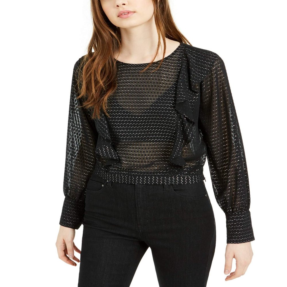 bar III Womens Ruffled Long Sleeve Top Black S