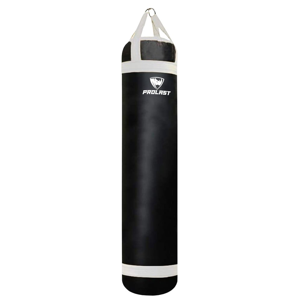PROLAST Heavy Punching Kicking Bag for Adults, Boxing, MMA, Martial Arts, Muay Thai, Strength Training Equipment, Filled, 5ft, 100 lbs, Colored Strap and Rhino Logo, White and Black