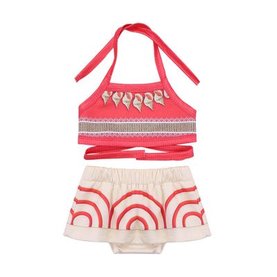 ACSUSS Infant Baby Girls Princess Mona Swimsuit 2PCS Tankini Swimwear Halter Crops Tops with Tutu Skirt Beachwear Red(Briefs) 3-4