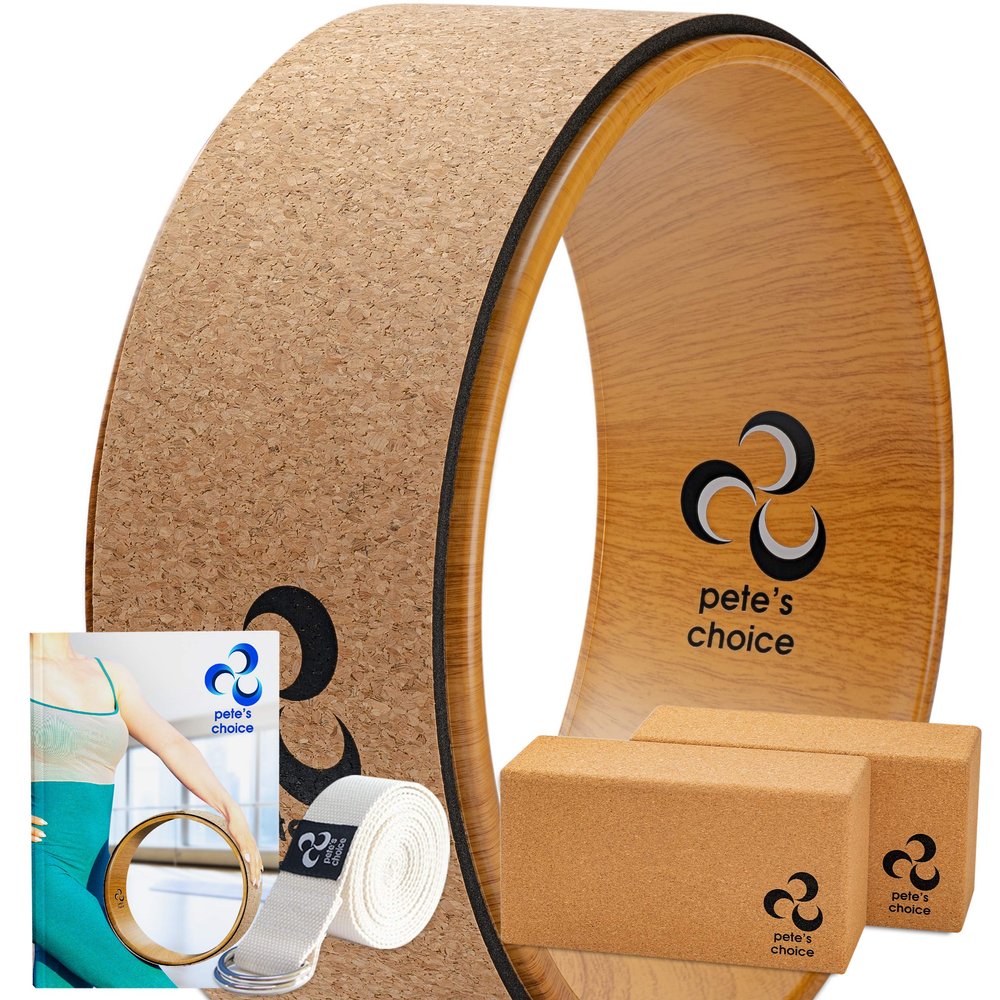 Deluxe Cork Yoga Wheel Set - Cork Wheel + 2 Blocks + Strap + Exercise Guide. Extra Firm Bricks. Better Support, Natural and Eco-Friendly. Home Exercise Kit. Ideal for Women Yogis.