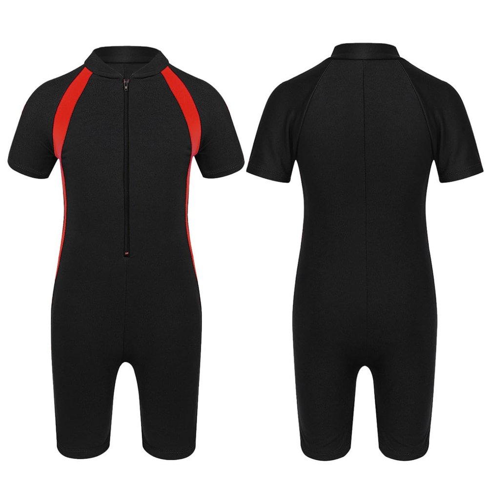 Agoky Kids Girls One-Piece Swimsuit Swimwear Short Sleeves Zippered Shorty Wetsuit Rash Guard Bathing Suit Black 10-12