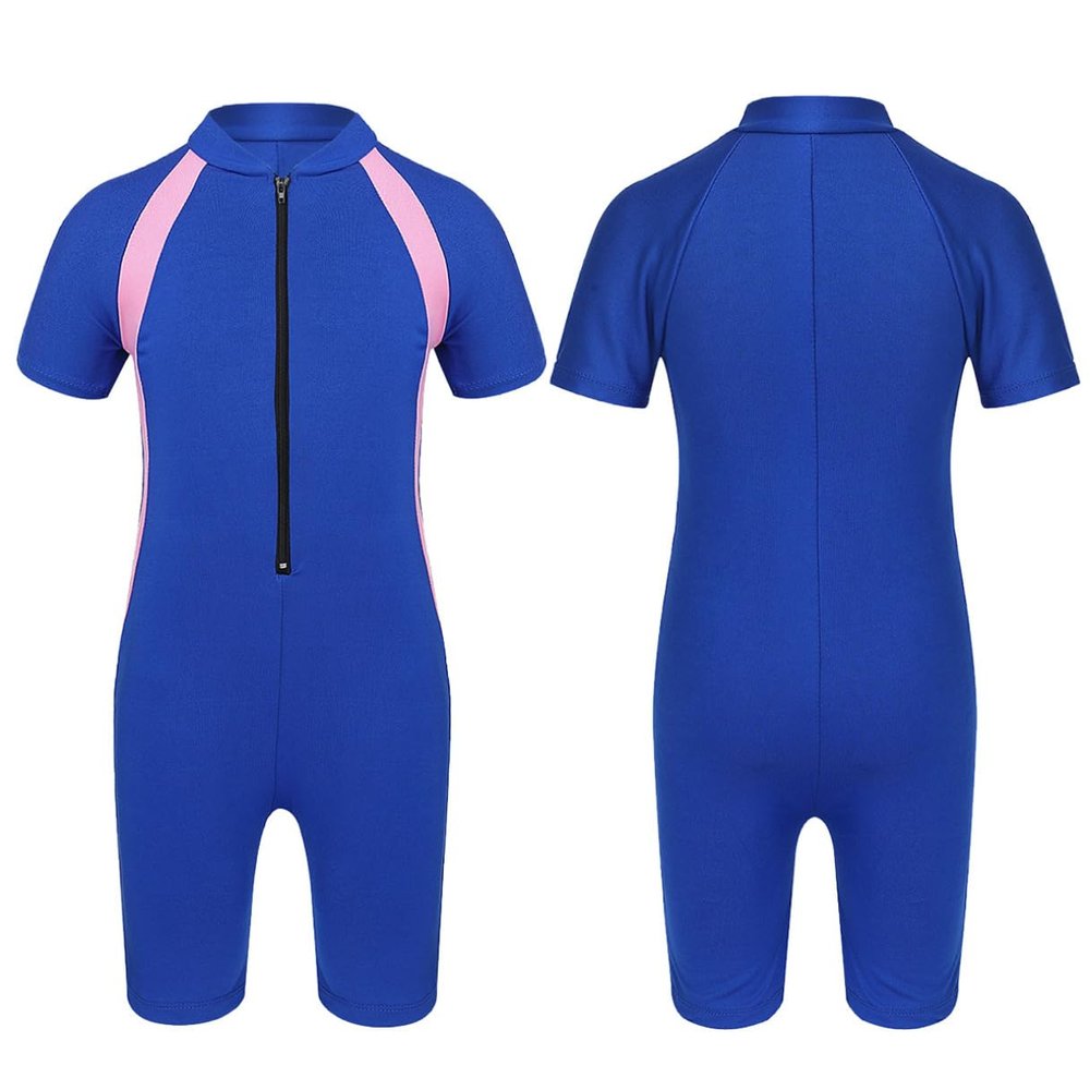 Agoky Kids Girls One-Piece Swimsuit Swimwear Short Sleeves Zippered Shorty Wetsuit Rash Guard Bathing Suit Blue 10-12