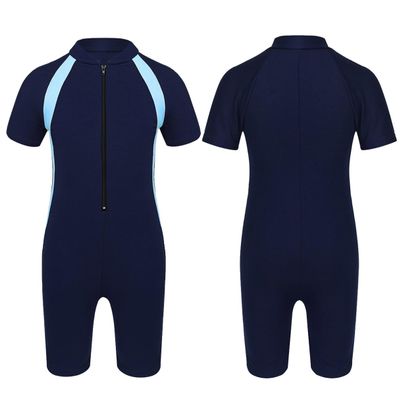 Agoky Kids Girls One-Piece Swimsuit Swimwear Short Sleeves Zippered Shorty Wetsuit Rash Guard Bathing Suit Navy Blue 10-12