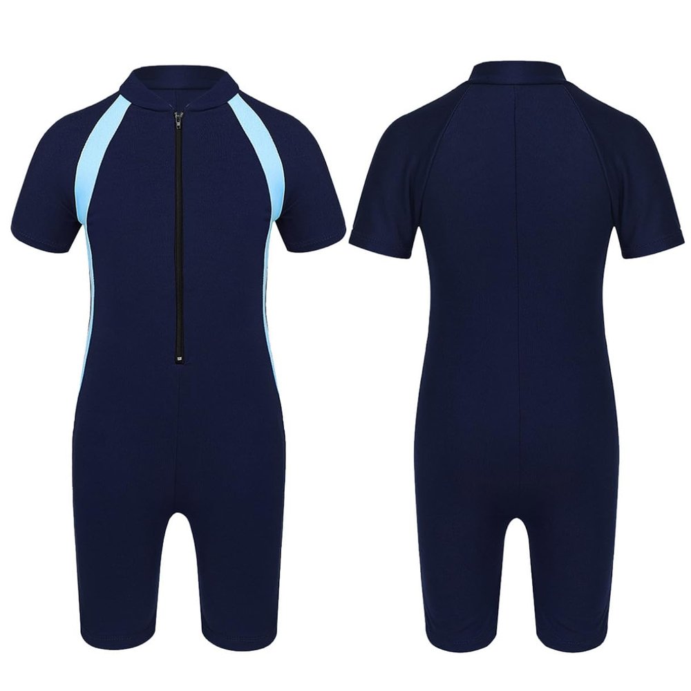 Agoky Kids Girls One-Piece Swimsuit Swimwear Short Sleeves Zippered Shorty Wetsuit Rash Guard Bathing Suit Navy Blue 10-12