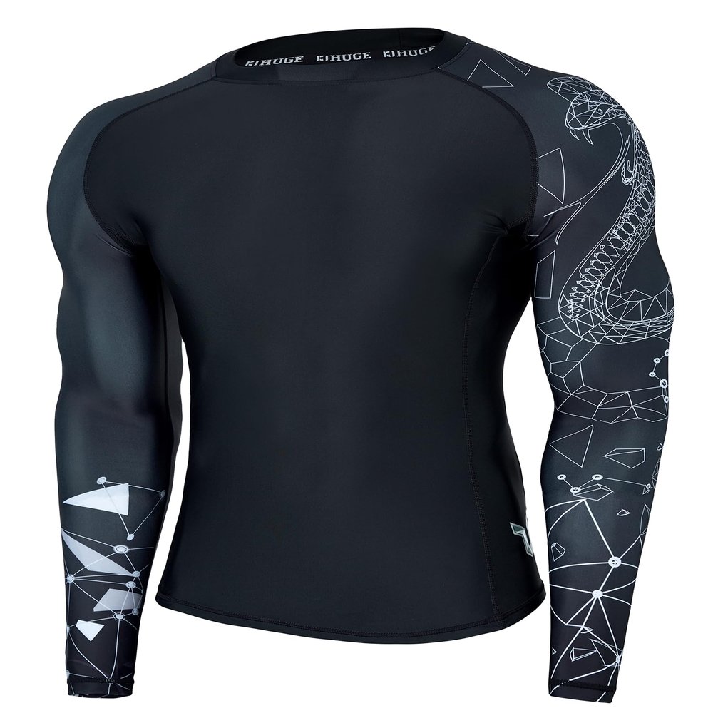 ADOREISM Quick-Dry Men's Long Sleeve Rash Guard UPF 50+ Compression Swim Shirt (Lined Cobra, 3XL)