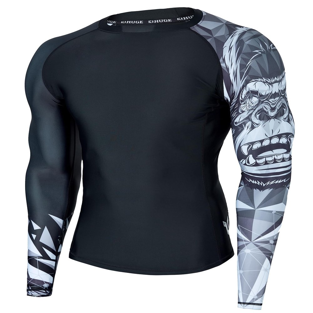 ADOREISM Quick-Dry Men's Long Sleeve Rash Guard UPF 50+ Compression Swim Shirt (King Kong, M)