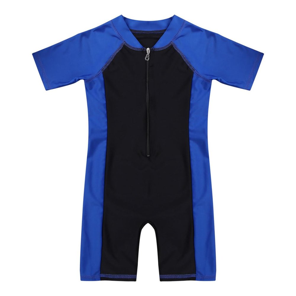 ACSUSS Girls Boys Short Sleeves Rash Guard Unisex Kids One-Piece Zippered Jumpsuit Swimwear Bathing Suit Blue&Black 10 Years