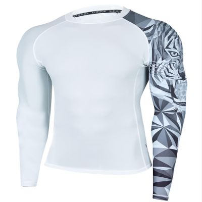 ADOREISM Quick-Dry Men's Long Sleeve Rash Guard UPF 50+ Compression Swim Shirt (White Tiger, 3XL)