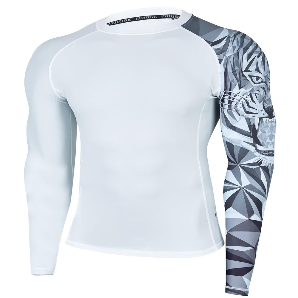 ADOREISM Quick-Dry Men's Long Sleeve Rash Guard UPF 50+ Compression Swim Shirt (White Tiger, 3XL)