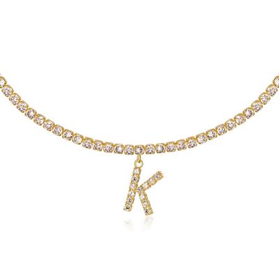 LecAit Sideways Initial K Necklace 18K Gold Plated Rhinestone Tennis Chain Letters Pendant Necklace Script Name Monogram Necklaces for Women