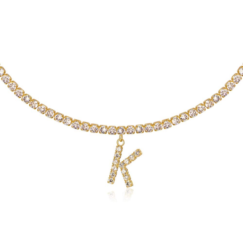 LecAit Sideways Initial K Necklace 18K Gold Plated Rhinestone Tennis Chain Letters Pendant Necklace Script Name Monogram Necklaces for Women