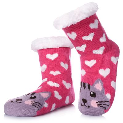TRUEHAN Kids Girls Boys Slipper Socks Soft Thick Cozy Fuzzy Animal Anti-Slip Winter Thermal Christmas Socks Indoor (Animal Cat 04, 8-12 Years)