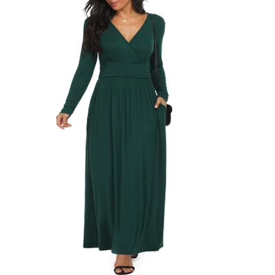LILBETTER Women's Solid Long Maxi Casual Dress Deep V Neck Long Sleeve with Pockets Basic Dresses(Dark Green X-Large)