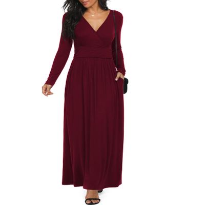 LILBETTER Women Long Sleeve Loose Plain Maxi Dresses Casual Long Dresses with Pockets(Wine Red X-Large)