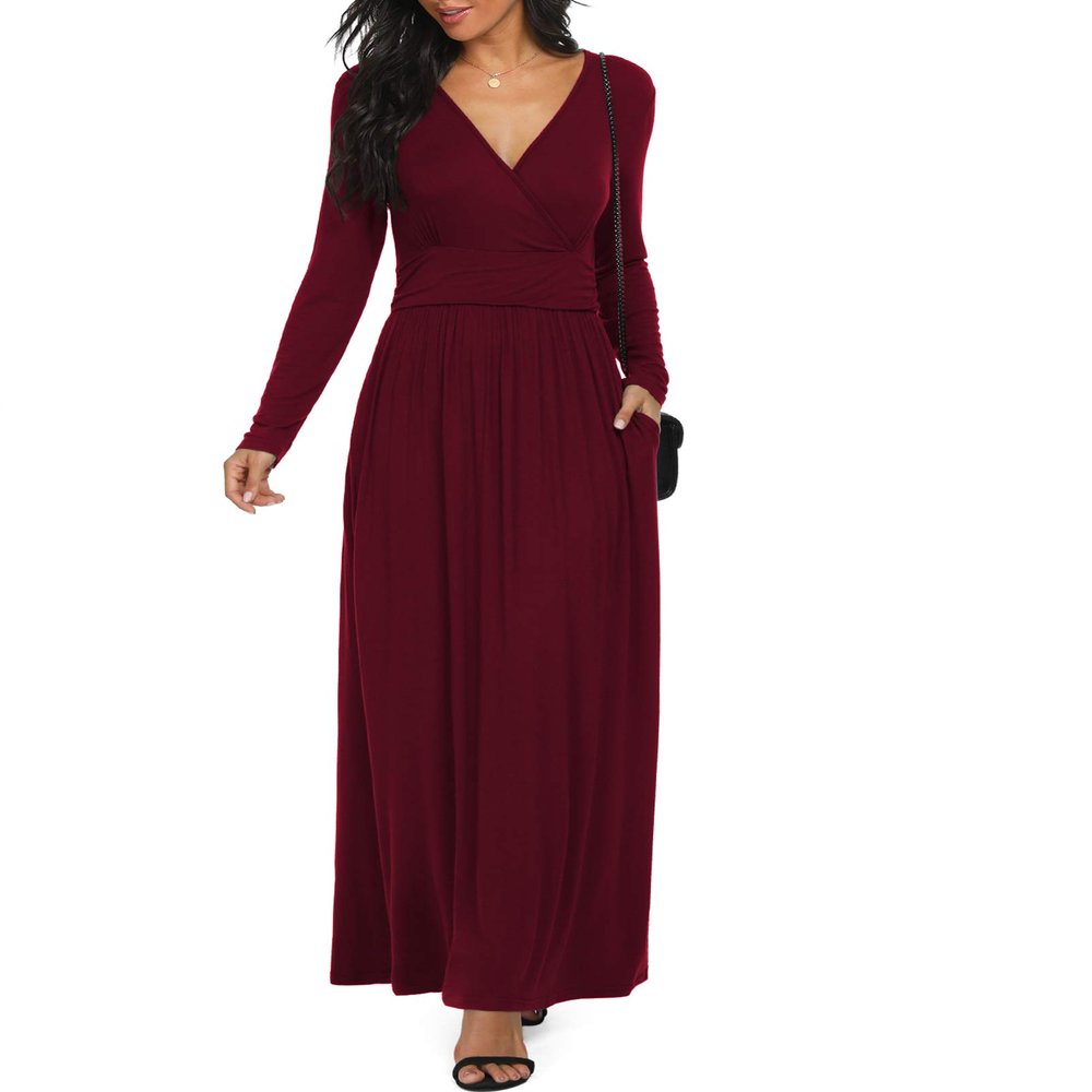 LILBETTER Women Long Sleeve Loose Plain Maxi Dresses Casual Long Dresses with Pockets(Wine Red X-Large)