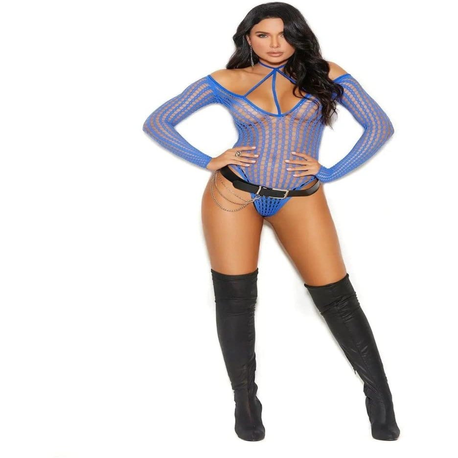 Elegant Moments Vivace Off The Shoulder Long Sleeve Crochet Teddy Royal Blue O/S