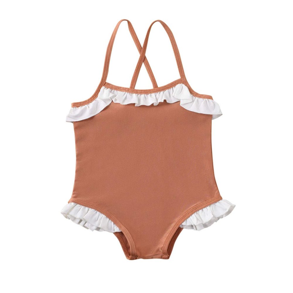 Toddler Kid Baby Girls One-Piece Swimsuit Halter Sleeveless Swimwear Ruffled Floral Beachwear Bathing Suit 1-6T (Dark Orange, 5-6Y)