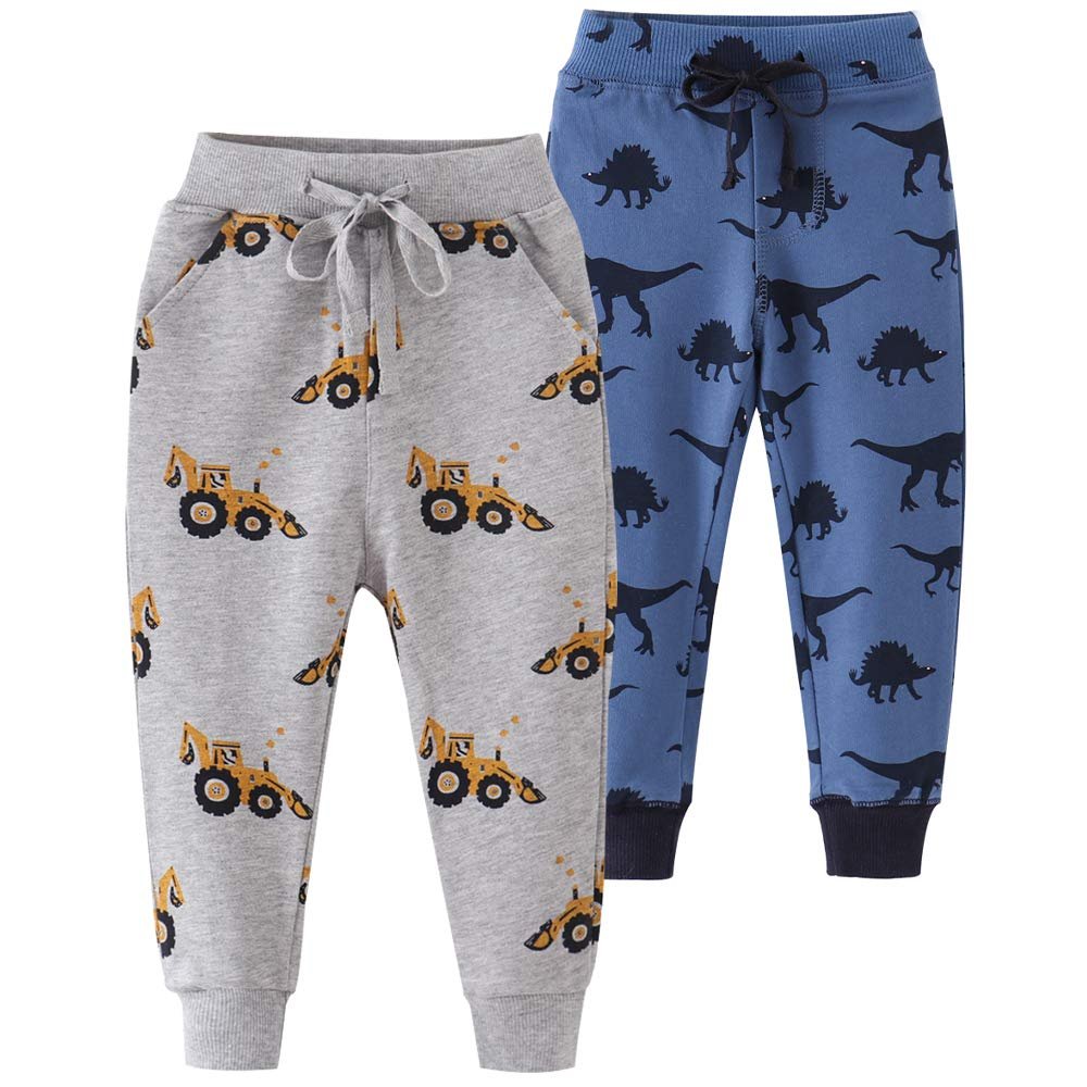 Azalquat Toddlers Boys Cotton Pull-On Sweat Pants, Cartoon Print Jog Sweatpants 2-Pack (Dinosaurs & Car, 5-6 Years)