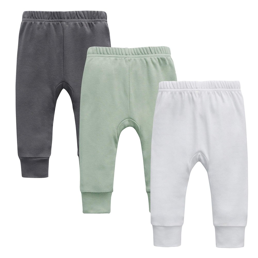 O2 BABY Organic Cotton Unisex Baby Jogger Pants, 3-Pack Pull-on Bottoms, Newborn Leggings (0-3 Months, Green/Gray/White)