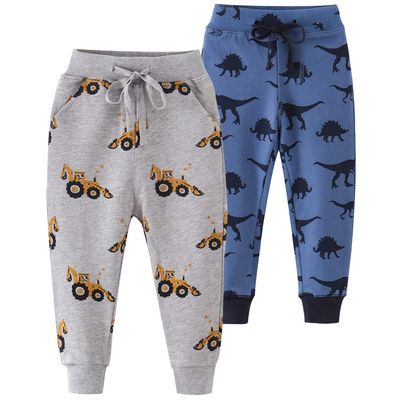 Azalquat Toddlers Boys Cotton Pull-On Sweat Pants, Cartoon Print Jog Sweatpants 2-Pack (Dinosaurs & Car, 18-24 Months)