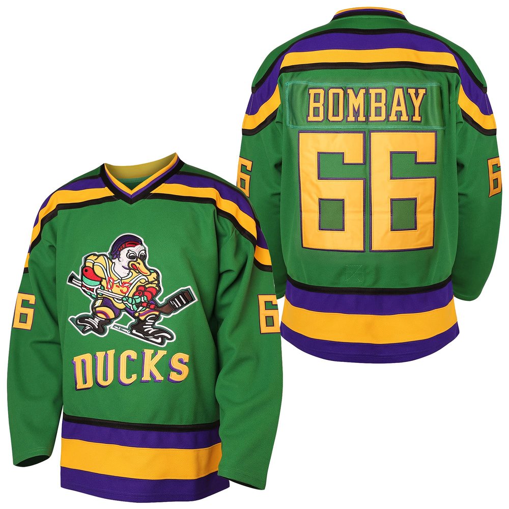 EETUG Mighty Ducks Jersey #96 Charlie Conway #99 Adam Banks #33 Greg Goldberg #66 Gordon Bombay Movie Hockey Jersey White Green (66 Green, Small)
