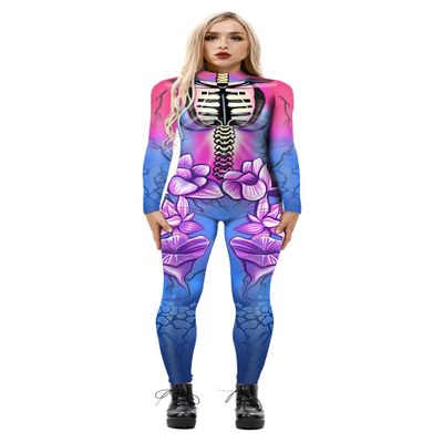 URVIP Women Halloween Skeleton Costume Stretch Skinny Catsuit Jumpsuit Bodysuit BAX-138 S