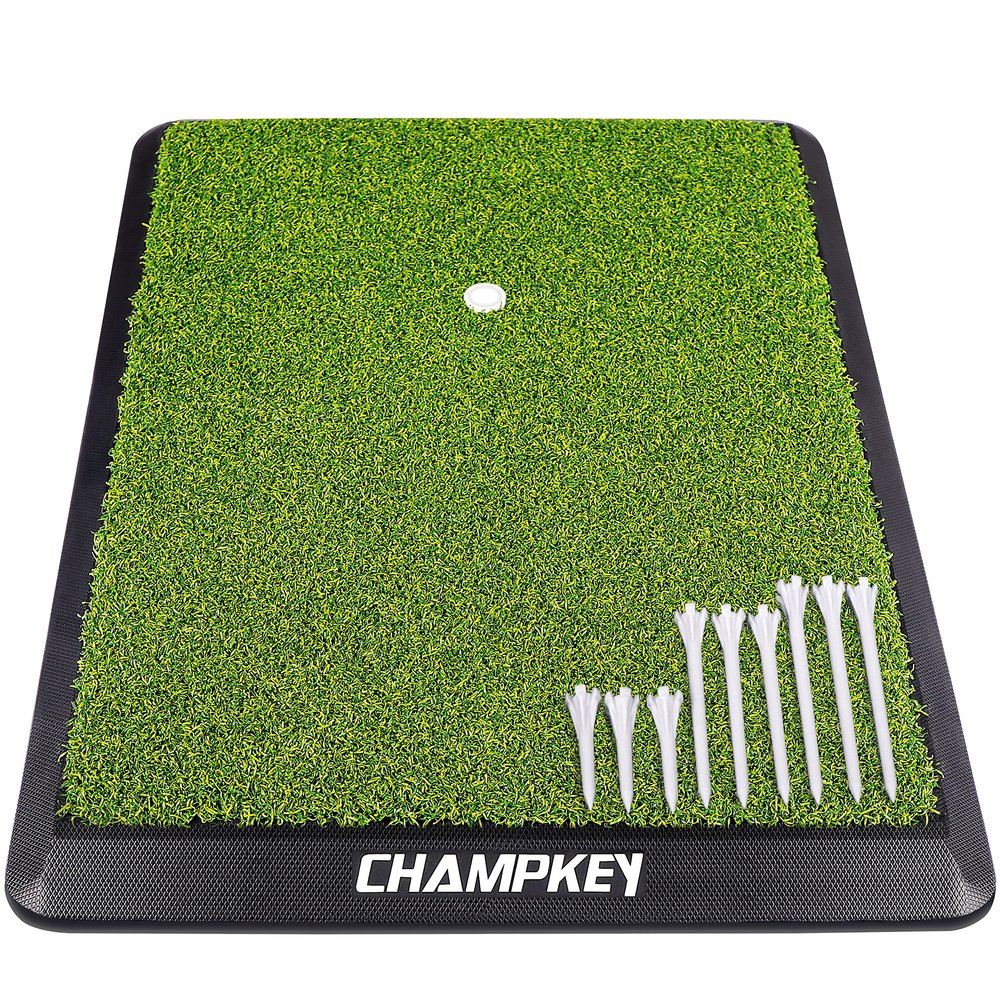 CHAMPKEY Premium Synthetic Turf Golf Hitting Mat | Heavy Duty Rubber Base Golf Practice Mat | Come with 1 Rubber Tee and 9 Plastic Tees (8.5" x 17", LITE Version)