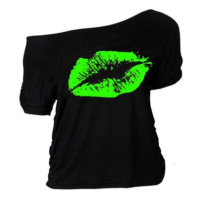 MAGICMK Women's Plus Size Off Shoulder Lips Print T-Shirt Top in Black, 2XLarge