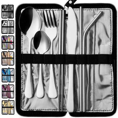 VANDBAO Portable Travel Utensils, Reusable Silverware with Case for Fixing Tableware, 9 Pieces Stainless Steel Stable Flatware Set, Camping Picnic Cutlery Set (Silver Set)