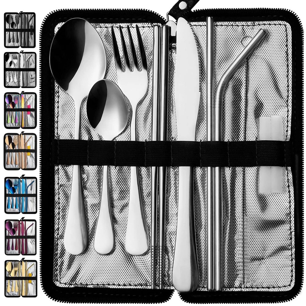 VANDBAO Portable Travel Utensils, Reusable Silverware with Case for Fixing Tableware, 9 Pieces Stainless Steel Stable Flatware Set, Camping Picnic Cutlery Set (Silver Set)