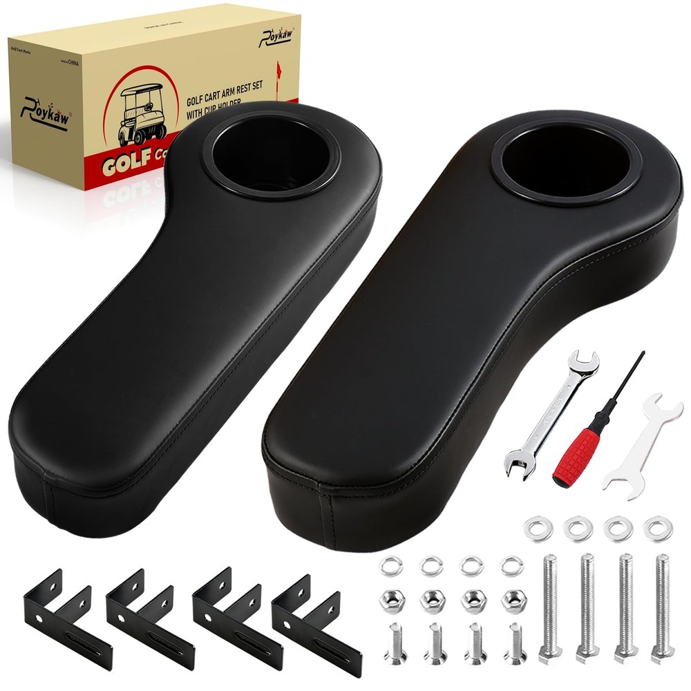 Roykaw Golf Cart Armrest with Cup Holder Compatible with EZGO Club Car Yamaha - Upgrade Support Frame/No Drilling Required - Just Only Fit 1.0" Square Tube Frame