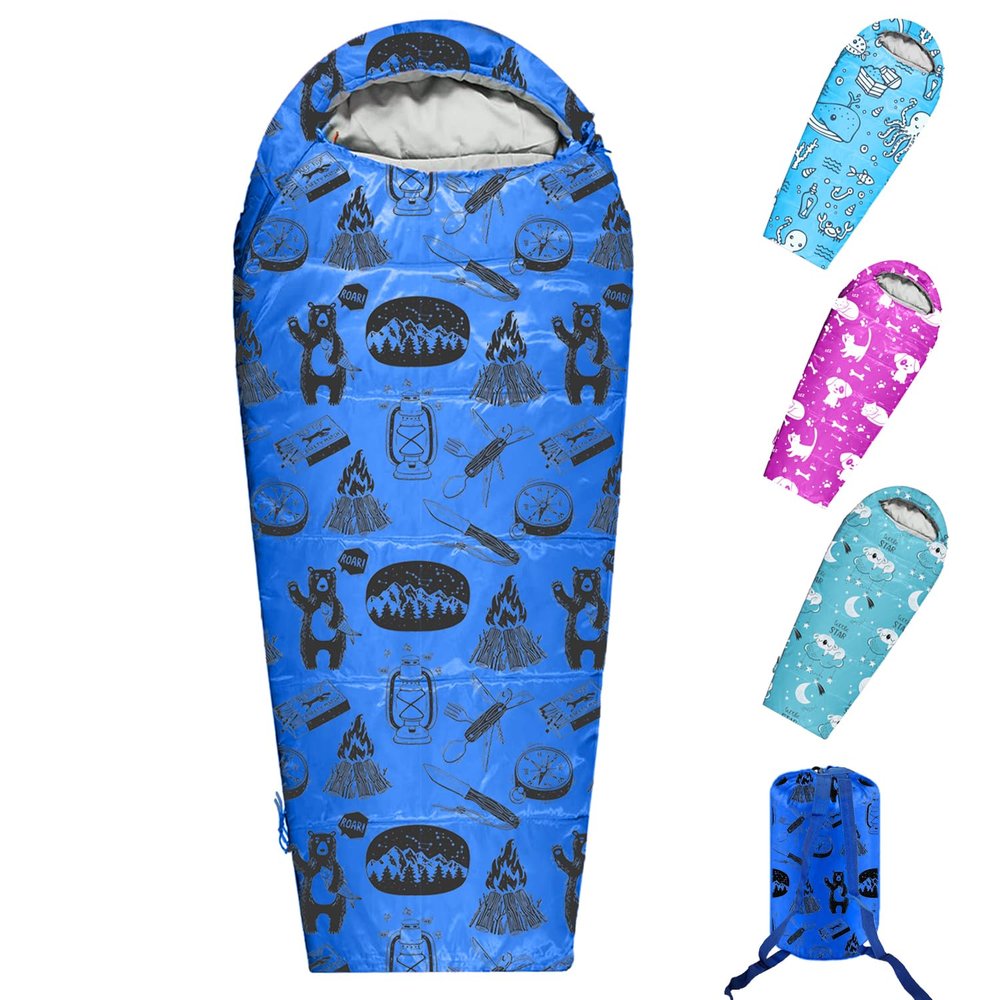 KidzAdventure Mummy Style 32  59F Kids Sleeping Bag with Pillow Sleeve, 4 Season, Lightweight and Backpacking Style, Ideal for Camping, Sleepover, Boys, Girls, Youth and Toddlers  Adventure Kids