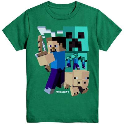 Minecraft Boys' Art Deco Steve T-Shirt, Green M(8)