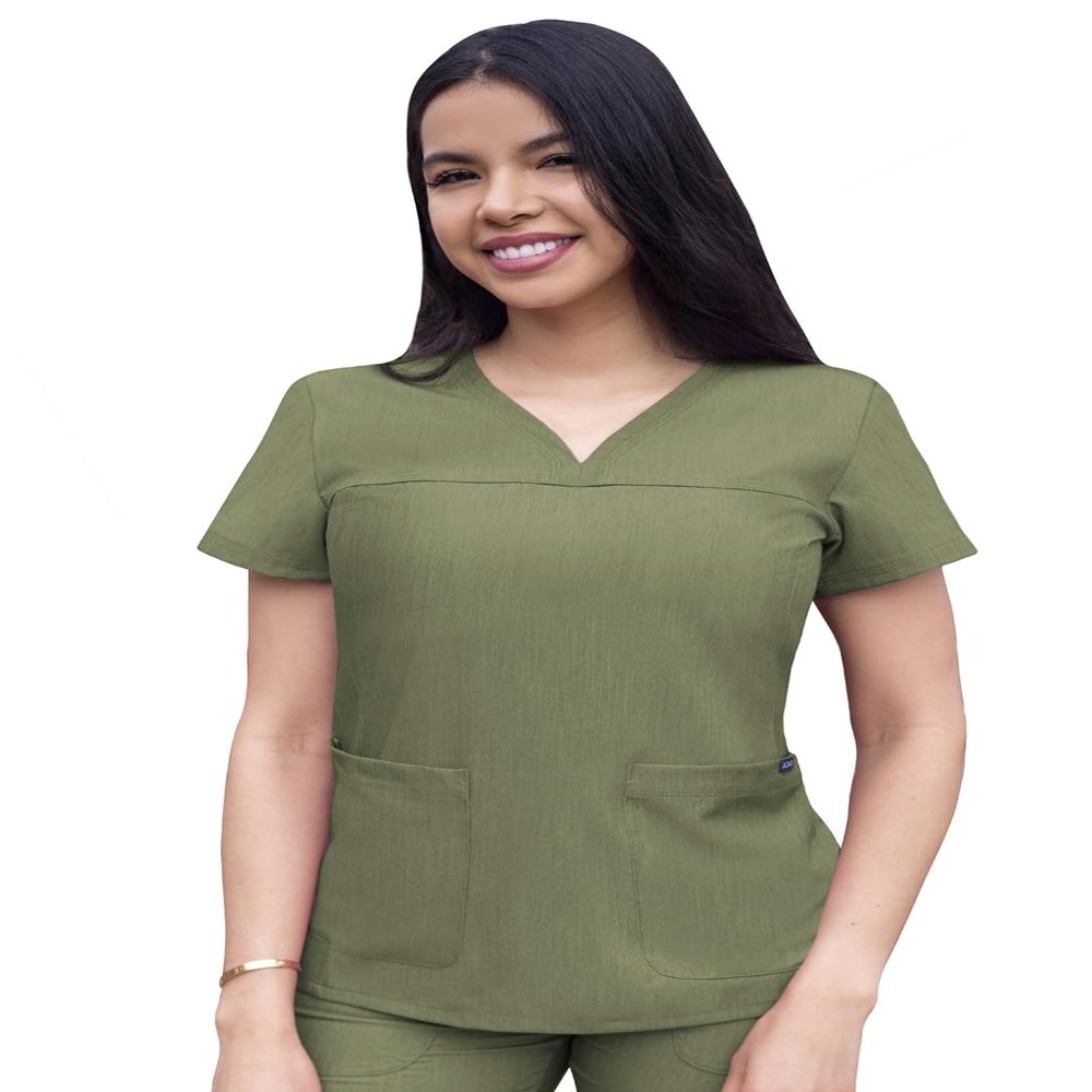 Adar Uniforms Pro Heather Scrubs for Women - Sweetheart V-Neck Top - P4210H (Heather Olive - L)