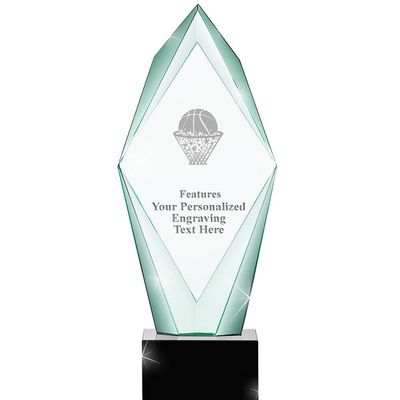 13" Jade Epic Basketball - Ball in Net Crystal Award, Custom Engraved Basketball - Ball in Net Trophy, Engraving Included, Prime