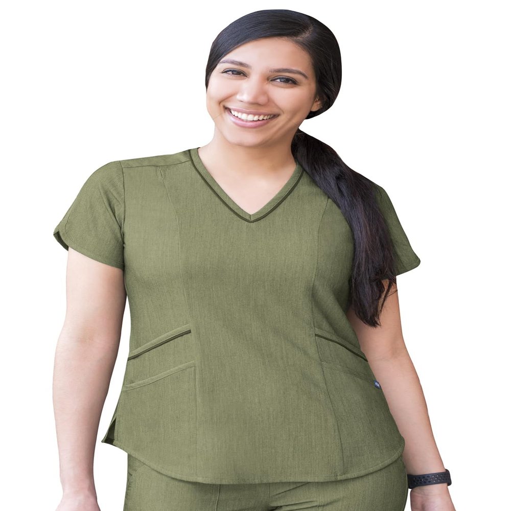 Adar Uniforms Pro Heather Scrubs for Women - Modern V-Neck Top - P7002H (Heather Olive - L)