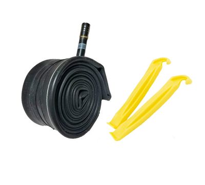 700 x 35/43C Inner Tube (27" X 1-3/8") with Straight Schrader Valve for Bicycle - with Color Tire Levers and Metal Air Cap (Yellow LEVERS)