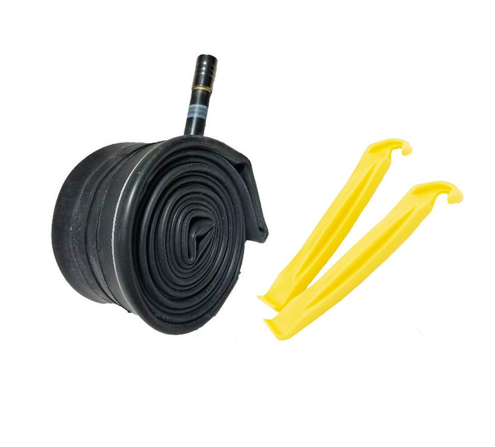 700 x 35/43C Inner Tube (27" X 1-3/8") with Straight Schrader Valve for Bicycle - with Color Tire Levers and Metal Air Cap (Yellow LEVERS)