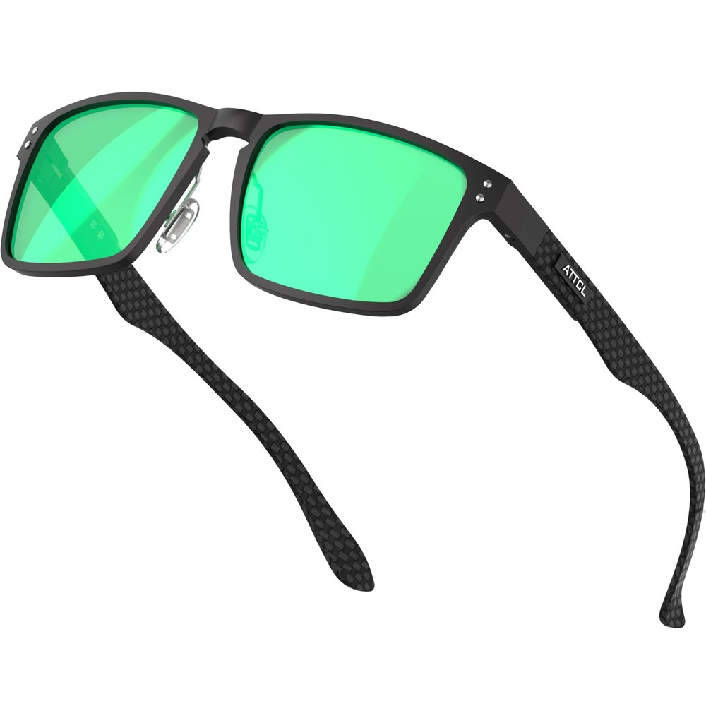ATTCL Luxury Polarized Sunglasses Men Driving: Lightweight Rectangular Metal Frame Premium Fiber Temples UV Protection Travel Daily Wear 8999 Black green